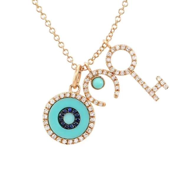 14k pave diamond horseshoe evil eye and key necklace