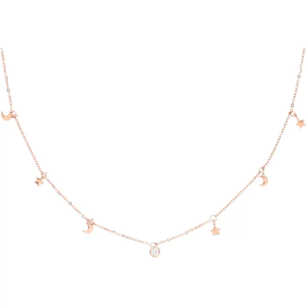14kt rose gold dangling moon and star necklace with diamond bezel