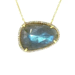 14K Gold Blue Labradorite Necklace - Diamond Surround