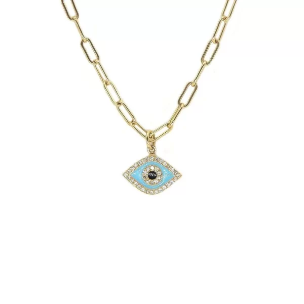 evil eye charm necklace 14k gold pave diamonds enamel