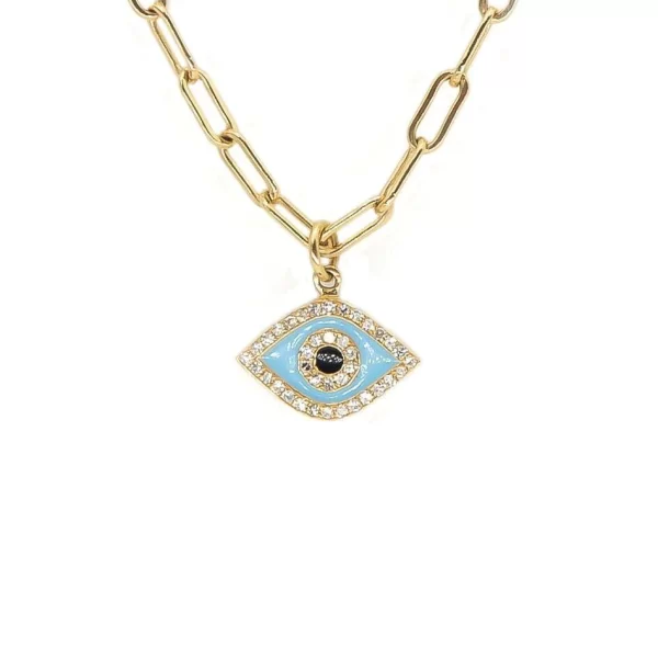 evil eye charm necklace 14k gold pave diamonds enamel