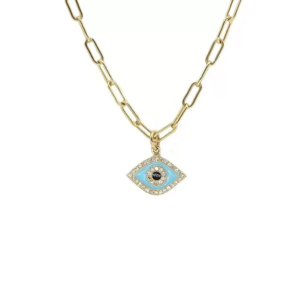 evil eye charm necklace 14k gold pave diamonds enamel