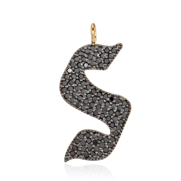 gothic black diamond small initial charm necklace 14k gold black diamonds