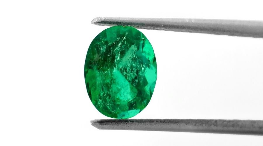 an oval shaped emerald held on a tweezer isolated on white background