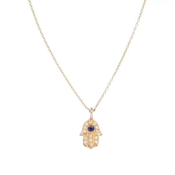 lucky hamsa necklace gold sapphire and pave diamonds