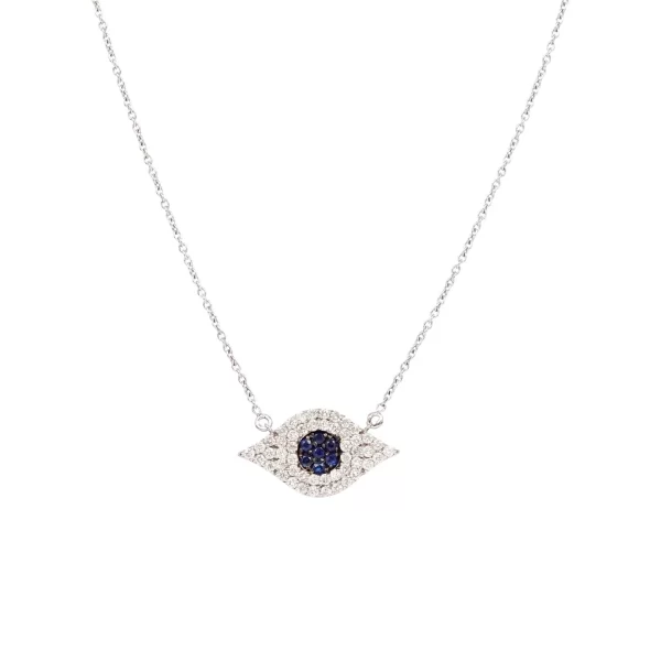 modern diamond and sapphire pave diamond evil eye necklace 14k gold